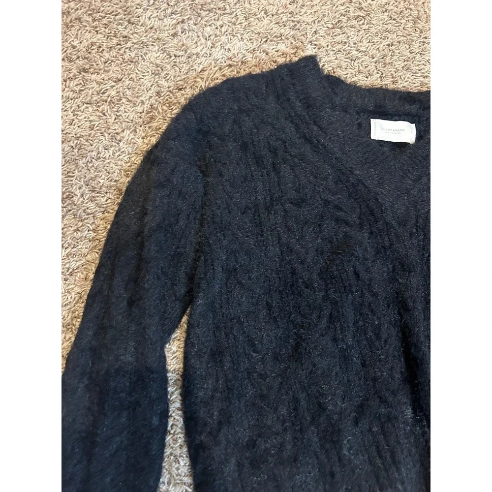 Lucky Brand Womens Black Fuzzy Cable Knit V-Neck Sweater‎ Size S